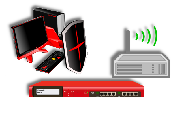 Computer, Firewall, and Router Red and black computer, red firewall, and grey firewall icon