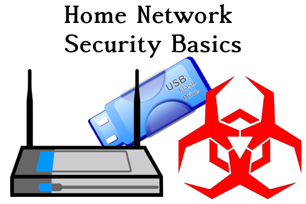 Home Network Security Basics Router, flash drive, and hazard symbol